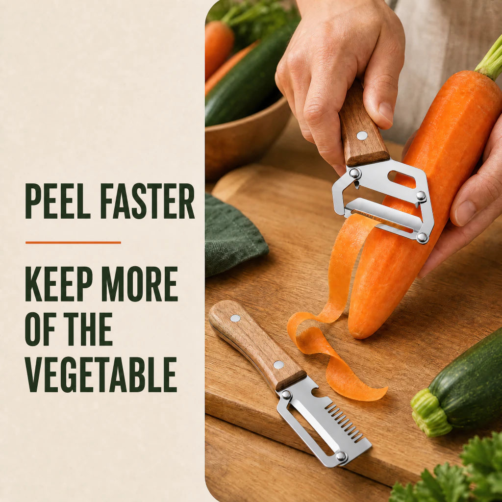 Buballoon Duo Peelers removing a thin peel from a carrot