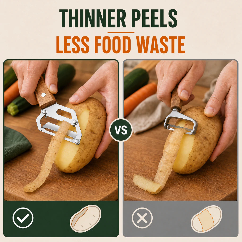 Thin peeling comparison showing less vegetable waste