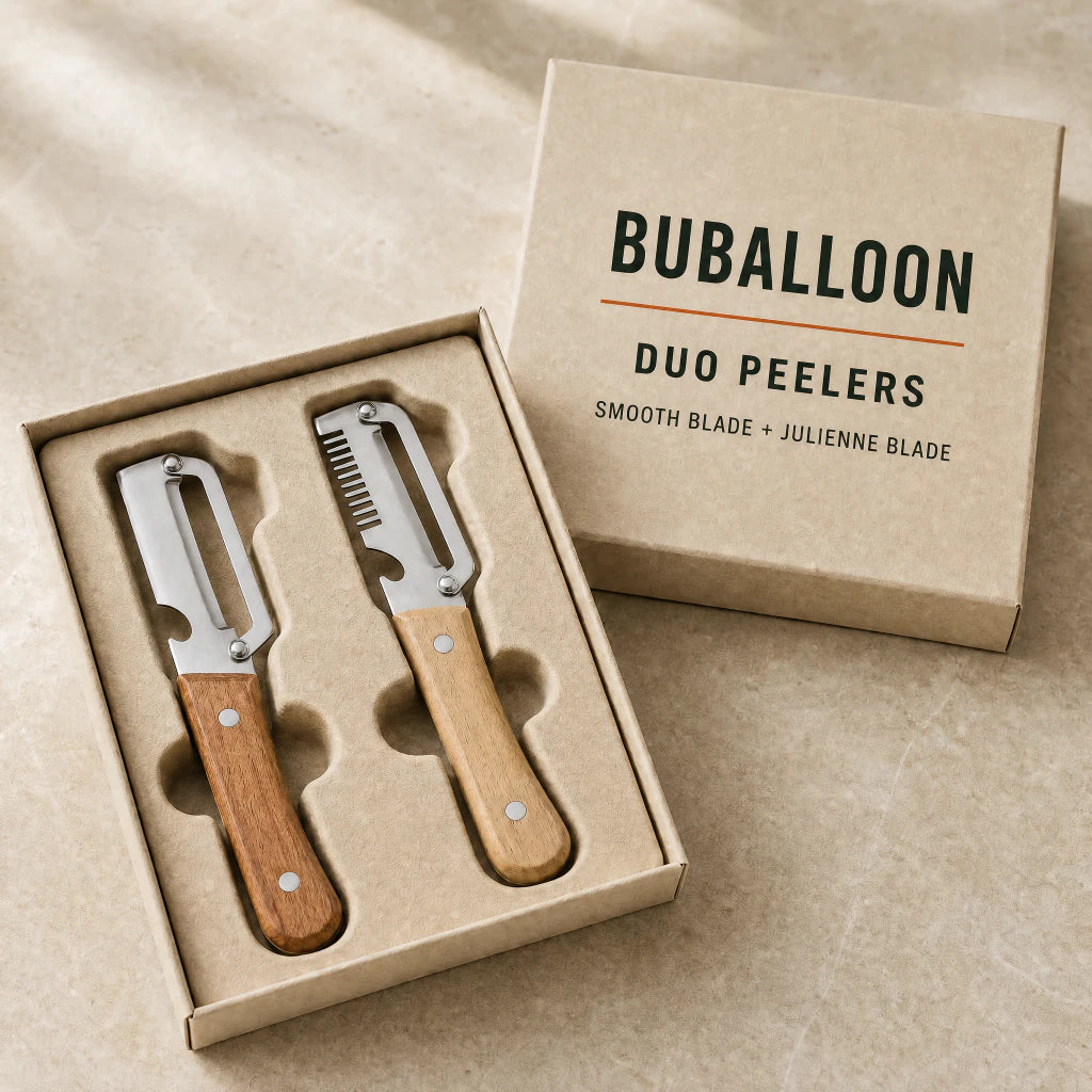 Buballoon Duo Peelers presented in a branded gift box