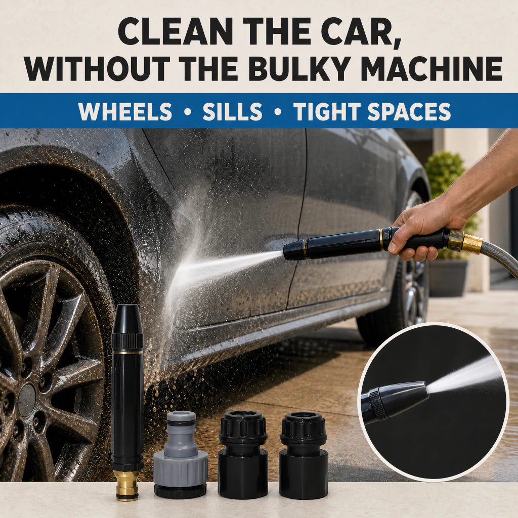 HydroJet cleaning car wheels and tight spaces